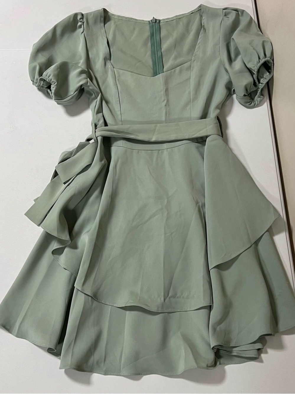 Olive Green Sage Ruffle Belted Mini Dress Size S ✨ #dress #summer #casual #retro
